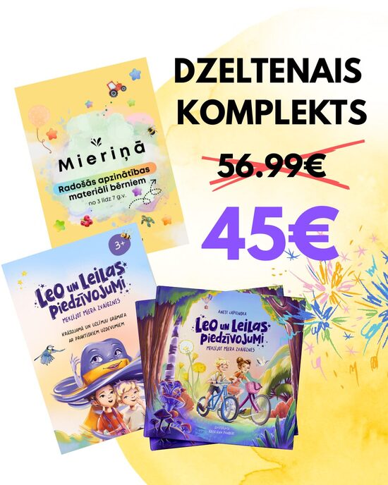 DZELTENAIS KOMPLEKTS - grāmata, darba burtnīca un "Mieriņā"