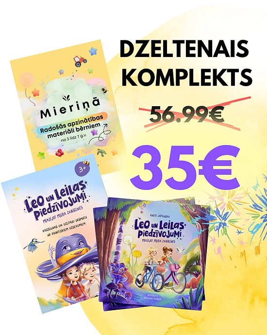 DZELTENAIS KOMPLEKTS - grāmata, darba burtnīca un "Mieriņā"